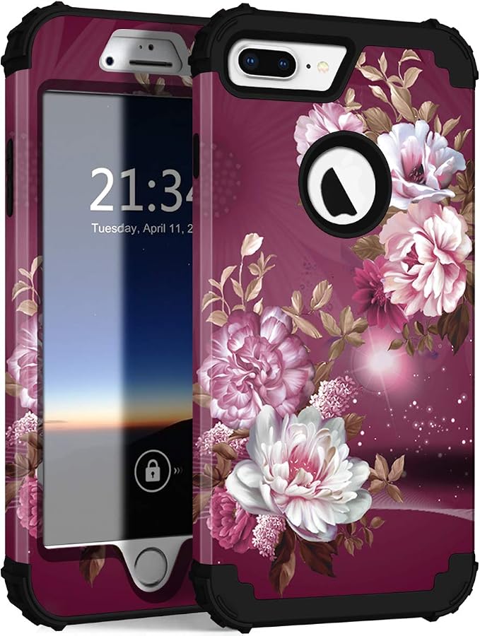 Hocase iPhone 8/7 Plus Case - Heavy Duty Shockproof Protection, Hybrid Hard Plastic+Silicone Rubber, Royal Purple/White Flowers