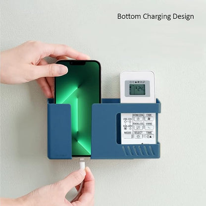 Strong Adhesive Wall Mount Phone Holder D3 Punch-Free Bedside Phone Shelf with Charging Port, Sticky Remote Control Storage Box, Bathroom & Kitchen Wall Organizer (Blue)