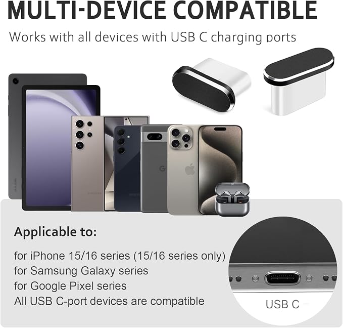 USB C Dust Plug, 4 Pack USB C Dust Cover Type C Anti Dust Port Plug Charging Port Protector Cap with Speaker Dust Cover for iPhone 15,16, Ari,17 Series, Samsung Galaxy S24-S20,Note, All USB C Devices