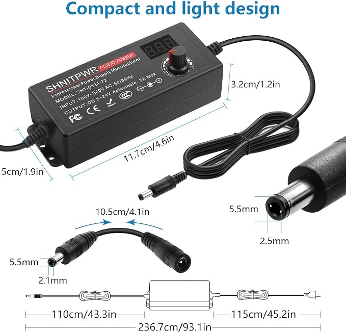 SHNITPWR 72W universal Power Supply Adjustable DC 3.5V ~ 24V 3A AC/DC Adapter with USB C Charger PD 65W Upgraded 100V-240V AC to DC Converter Variable Power Adapter,14 Tips,Alligator Clips Power Cable