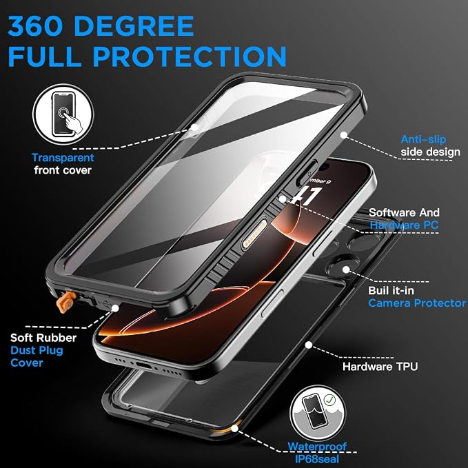 AICase Compatible with iPhone 16 Pro Max Case Waterproof, Clear Water Proof Built-in Screen Protector Shockproof Dustproof Snowproof Full Body Rugged Underwater Phone Case