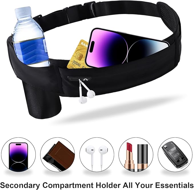 Running Hydration Belt with Water Bottle Holder, Phone Storage, Black