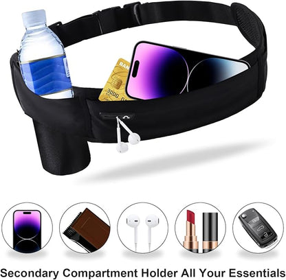 Running Hydration Belt with Water Bottle Holder, Phone Storage, Black