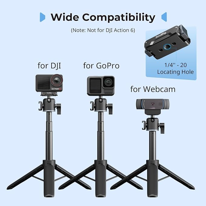 SmallRig Action Camera Selfie Stick Tripod, 7.8-21.6in Extendable, 360° Ball Head, Cold Shoe Mount, Quick Release Adapter for DJI Action 5 Pro/4, 1/4-20" Screw for Hero 13/12/11, Webcam - 5435
