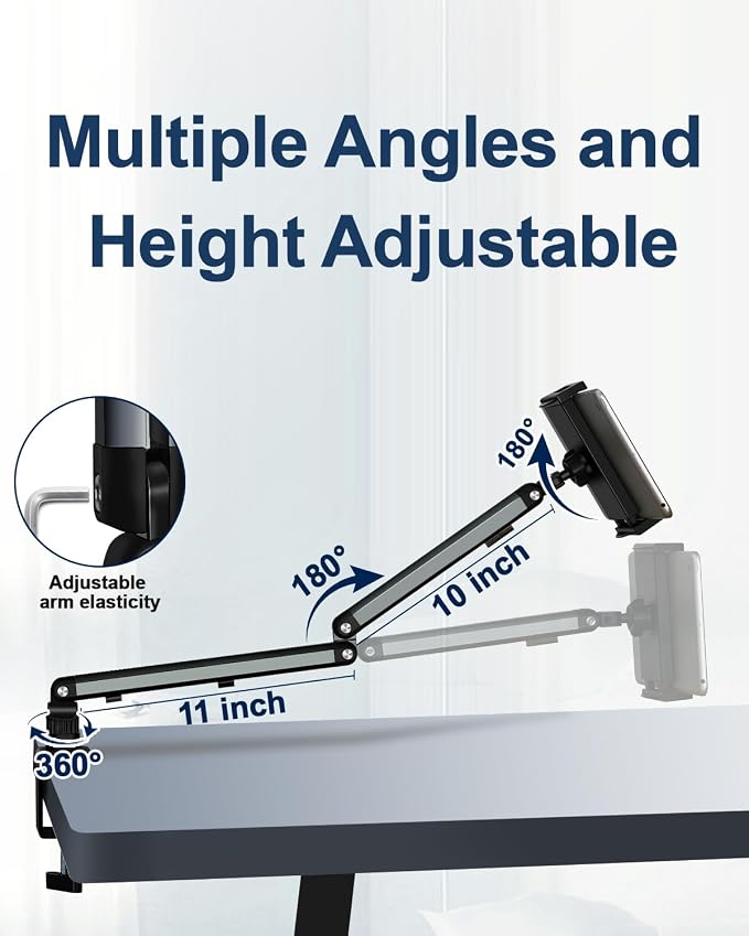 Tablet Desk Mount for ipad, Desk Clamp Aluminum Arm Portable Monitor Mount Suitable for 4.7-15.6" and Under 3 Pounds Phone, iPad mini/Air/Pro, Kindle, Galaxy Tab, Portable Monitor (Gray)