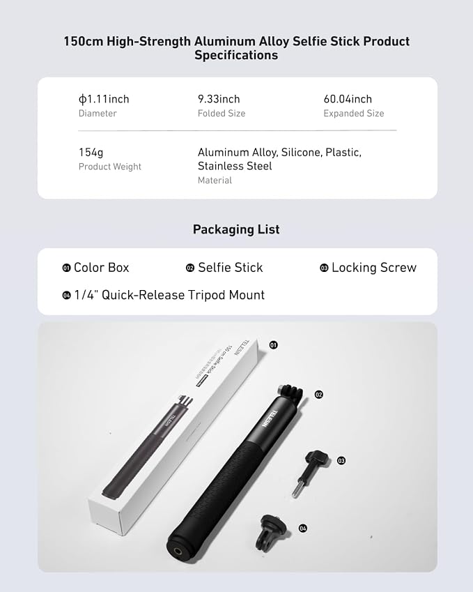 TELESIN 60" Selfie Stick for GoPro, Portable Extended Vlog Invisible Pole for GoPro Hero 13 12 11 DJI Action 6 5 4 DJI Osmo Nano/360 Insta360 X5 X4 Handheld Monopod for Travel, Action Camera Accessory