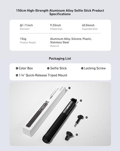 TELESIN 60" Selfie Stick for GoPro, Portable Extended Vlog Invisible Pole for GoPro Hero 13 12 11 DJI Action 6 5 4 DJI Osmo Nano/360 Insta360 X5 X4 Handheld Monopod for Travel, Action Camera Accessory
