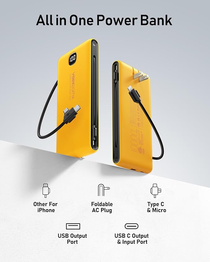 VEEKTOMX Portable Charger with Built in Cables 10000mAh, Power Bank for iPhone with Wall Plug, Travel Essential Fast Charging USB C Slim External Battery Pack for iPhone 17/16/15, Samsung, iPad, etc