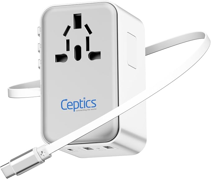 Ceptics 5 in 1 International Travel Adapter with PD 45W Retractable USB-C Cable 65cm, 2X USB-A 2.4A, 1x USB-C 3A, Travel Adapter Worldwide for Laptop, Phones and Cameras for US, EU, UK, UP-45WC-WH | 5 in 1 Design, International Power Adapter for USA, E...