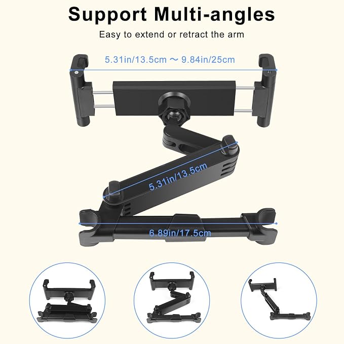 Kairiyard Tablet Holder for Car, 3 in 1 Extension Arm Adjustable Car Headrest Tablet Holder Road Trip Essentials Back Seat Tablets Cars Mount Compatible with iPad Pro, Air, Mini, 4.7-11" Devices
