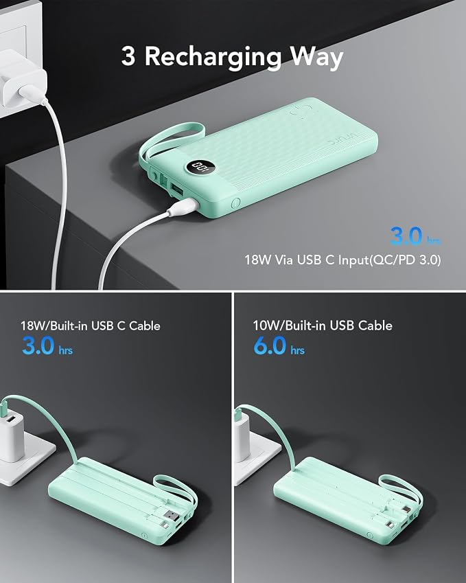 VRURC Portable Charger, 22.5W Fast Charging Power Bank Built‑in 4 Cables | 10000mAh Slim Lightweight Travel Battery Pack for iPhone, Samsung & Multi Devices, Pocket‑Friendly with Lanyard-Green(1 Pack)