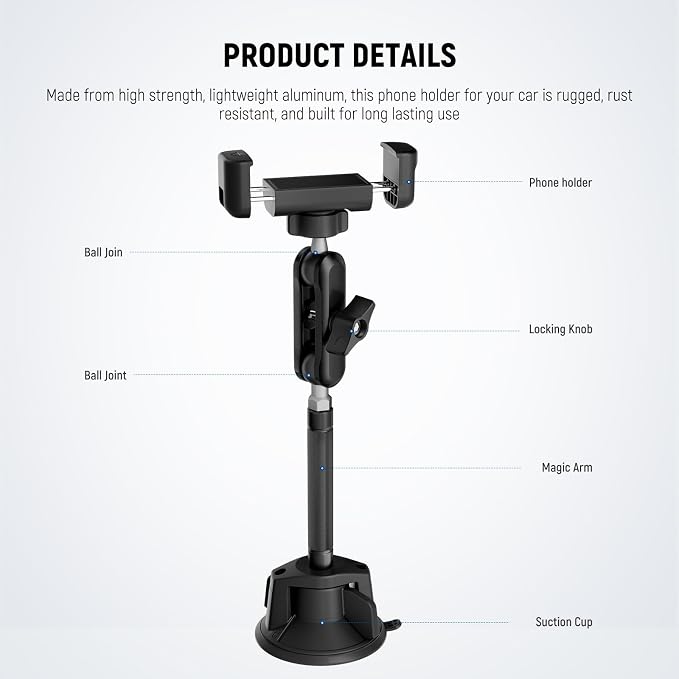 NEEWER Phone Holder for Your Car, 360° Rotating Vacuum Suction Cup Metal Cell Phone Mount Extended Magic Arm Compatible with iPhone Samsung for Windshield Skylight Navigation Video Recording, PA137