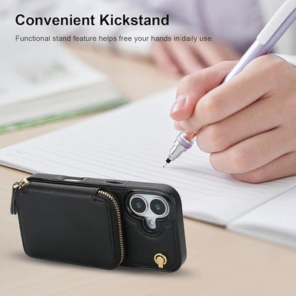 Bocasal Crossbody Wallet Case for iPhone 17, RFID Blocking Leather Purse Case with Card Holder, Protective Handbag Flip Cover with Zipper Wrist Strap Lanyard for Women 5G 6.3 Inch (Black)