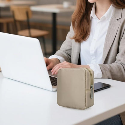 Tech Organizer Pouch, Small Multi-Pocket Electronics Case (Khaki) | Water-resistant nylon, foam padding, metal zipper, travel cable bag for charger, power bank, earbuds, SD cards and USB cables