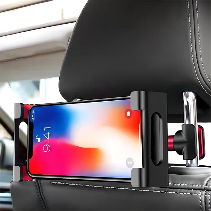 Advanced Rotatable Lazy Stand for Mobile Phones, Tablets, Gaming Devices 4.7-12.9 inch – Sturdy Car Headrest Stand in Red and Black On-Road Entertainment