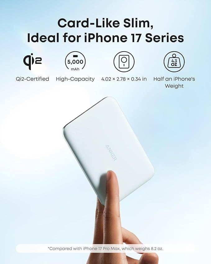 Anker Nano MagSafe Power Bank, Ultra-Slim 5,000mAh Magnetic Wireless Charging Battery, Qi2 Certified 15W Max MagSafe-Compatible Portable Charger, Ergonomic Design, for iPhone Air/17/16 Series