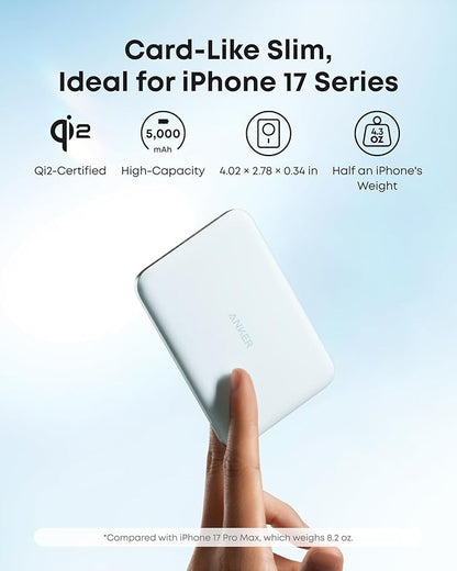 Anker Nano MagSafe Power Bank, Ultra-Slim 5,000mAh Magnetic Wireless Charging Battery, Qi2 Certified 15W Max MagSafe-Compatible Portable Charger, Ergonomic Design, for iPhone Air/17/16 Series