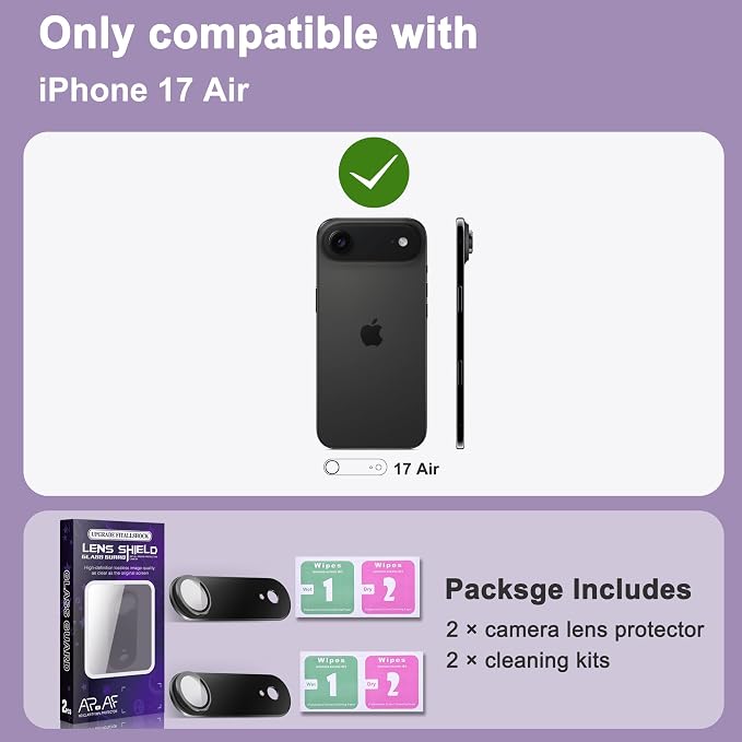 2 Pack Camera Lens Protector for iPhone 17 Air,[Not Easy to Breakn ] AR Tempered Glass Strong Adsorption Metal Camera Cover Screen-Black