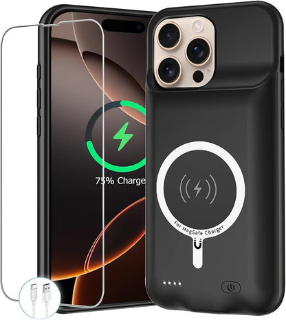 Battery Case for iPhone 16 Pro Max, 12000mAh Protective Charging Case with Wireless Charging Compatible with iPhone 16 Pro Max (6.9 inch) Rechargeable Battery Pack Charger Cover with Carplay (Black)