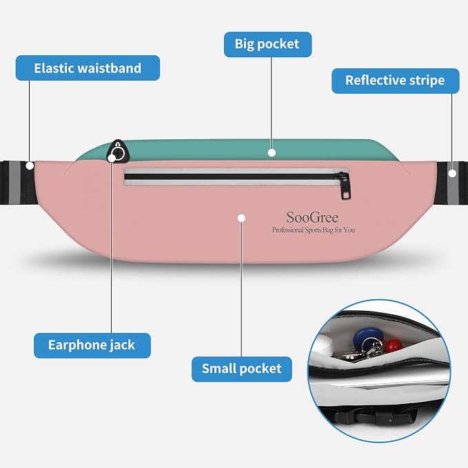 SooGree Running Waist Pack for Men Women, Lightweight Waterproof Sports Belt Bag, Phone Running Pouch, Night Reflective Fitness Storage Bag for Running Cycling Hiking Traveling (Blue/Pink)