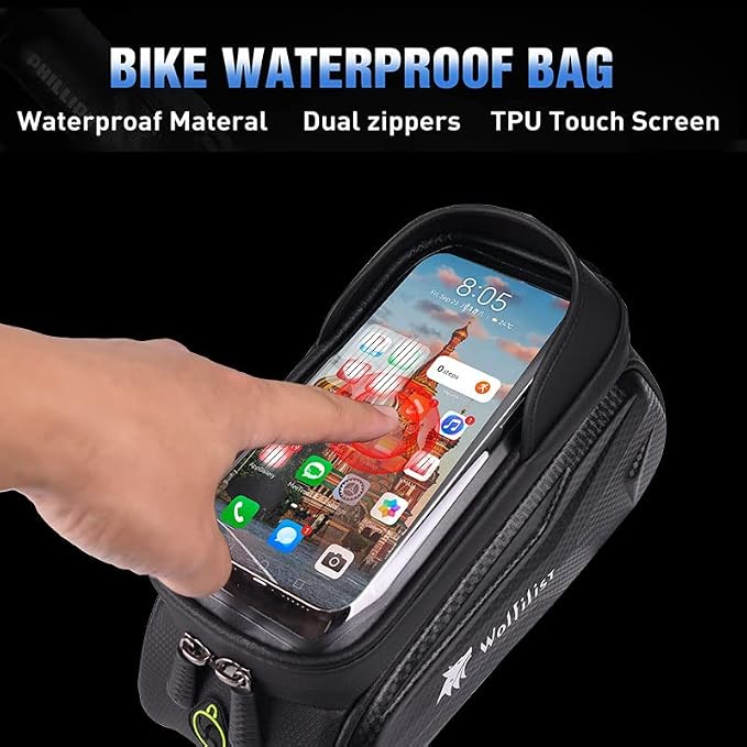 WOLFILIST Bike Bag - Waterproof Bike Frame Bag with Sun-Visor Rain Cover, Bike Phone Holder with TPU Sensitive Touch Screen, Handlebar Bag Bicycle Accessories, Large Capacity Suitable Phone Under 7"