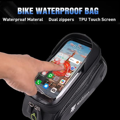 WOLFILIST Bike Bag - Waterproof Bike Frame Bag with Sun-Visor Rain Cover, Bike Phone Holder with TPU Sensitive Touch Screen, Handlebar Bag Bicycle Accessories, Large Capacity Suitable Phone Under 7"