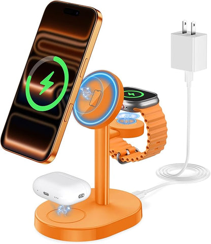 2026 3 in 1 Wireless Charging Station for Apple MagSafe Charger, 15W Fast Magnetic Mag-Safe Charger Stand for iPhone 17 16 15 14 13 12 Apple Watch AirPods Series, Orange