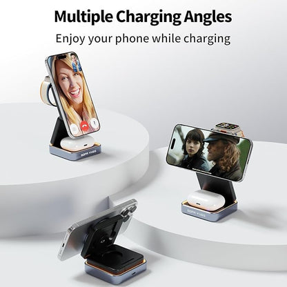 【2026 Upgraded】 Magnetic Wireless Charger 3 in 1, Foldable Charging Station with Night Light for Apple MagSafe Charger, Travel Charger Stand, Nightstand Fast 15W Charging Station (with Adapter)