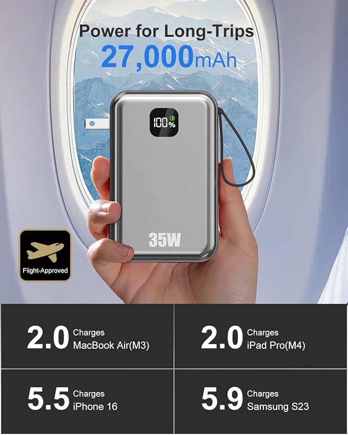 27000mAh Portable Charger with Wall Plug, 35W Fast Charging Power Bank Built-in Cables,4 Ports TSA-Approved Travel Essentials Charging Battery Bank (Space Gray)