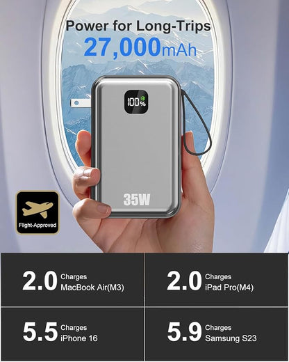 27000mAh Portable Charger with Wall Plug, 35W Fast Charging Power Bank Built-in Cables,4 Ports TSA-Approved Travel Essentials Charging Battery Bank (Space Gray)
