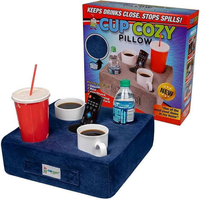 The Original Cup Cozy Pillow-As Seen on TV-The World's Best Couch/Sofa/Bed/Car Cup Holder Pillow and Caddy for Drinks/Snacks/Remotes! (Blue, 5 Hole)