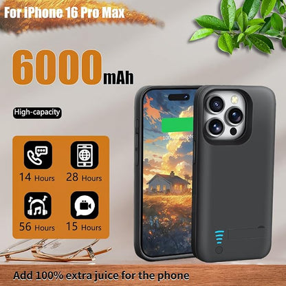 Sitong Battery Case for iPhone 16 Pro Max, 6000mAh Rechargeable Extended Battery Charging/Charger Case, Add 100% Extra Juice (6.9 Inches) Black