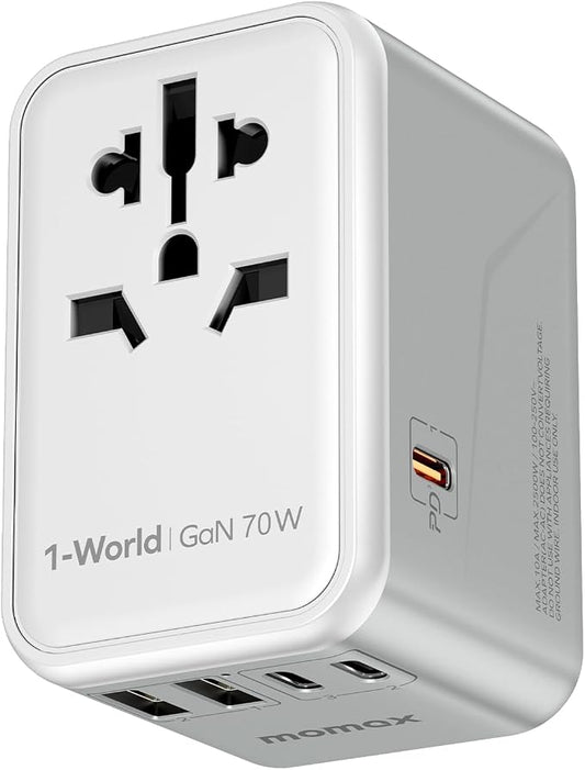 MOMAX Universal Travel Adapter 70W GaN, 3 USB-C PD & 2 USB-A QC, International Power Adapter Outlet, 6-in-1 Wall Charger for Laptop, Phone, European Travel Plug Adapter for UK/US/AUS/JP