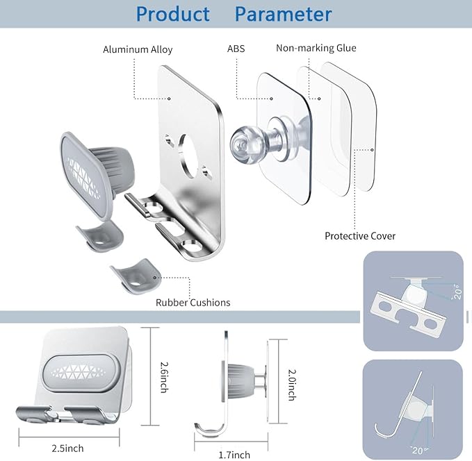 Shower Phone Holder with 2PCS Adhesive Stickers,Wall Mount Phone Stand for Bathroom,Kitchen,Office and More,Compatible with Smartphone (Silver－Gray)