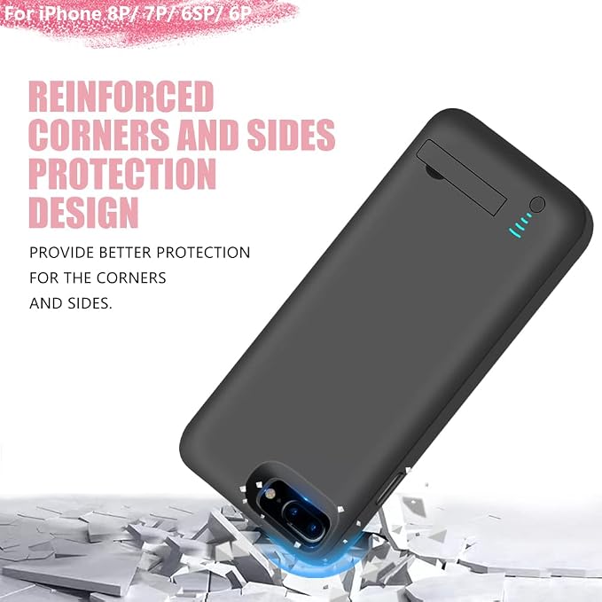 Battery Case for iPhone 8 Plus / 7 Plus / 6S Plus / 6 Plus, 6000mAh Rechargeable Extended Battery Charging/Charger Case, Adds 1.5X Extra Juice, Supports Wired Headphones