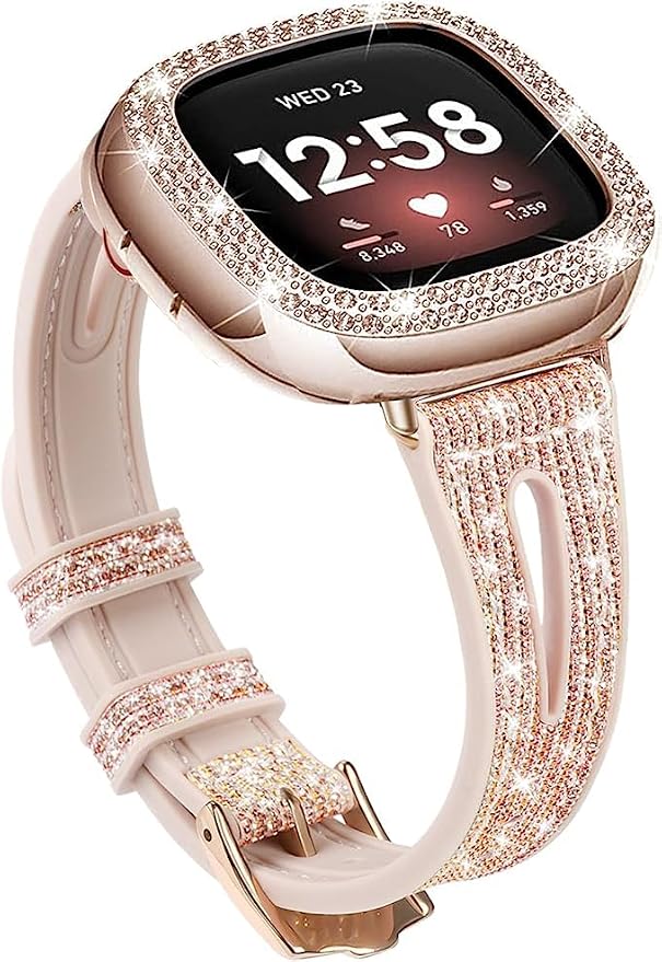 Bling Thin Band for Fitbit Sense/Versa 3 Bands for Women - Silicone Glitter Strap Accessories Compatible with Fitbit Sense 2/Versa 4 (Rose Gold)