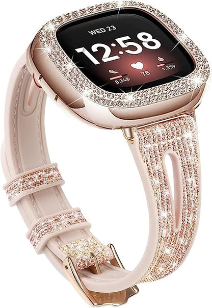 Bling Thin Band for Fitbit Sense/Versa 3 Bands for Women - Silicone Glitter Strap Accessories Compatible with Fitbit Sense 2/Versa 4 (Rose Gold)