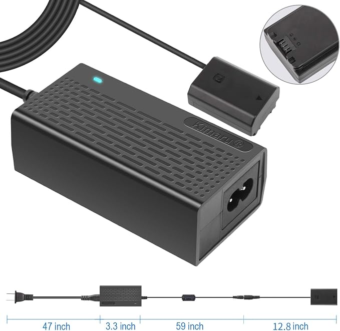 Kimaru NP-FZ100 Dummy Battery AC Power Supply Adapter Kit for Sony Alpha A6600 A6700 ZV-E1, FX3 FX30 A7CII ZV-E10II, A7C A7CR A1 A7III A7IV A7RIII A7RIV A7RV A7SIII A9 A9II A9R A9S Cameras.