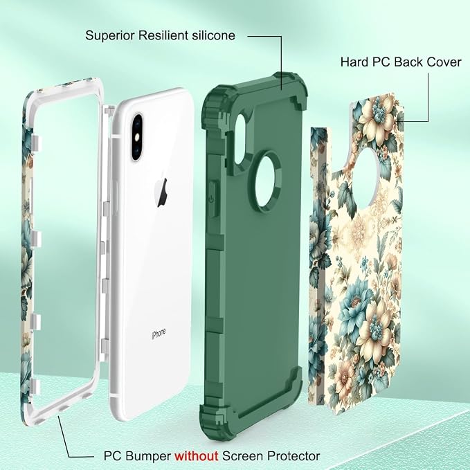Hocase for iPhone Xs Max Case, Heavy Duty Shockproof Protection Soft Silicone Rubber+Hard Plastic Bumpers Hybrid Protective Case for iPhone Xs Max (6.5") 2018 - Teal Blue Flowers