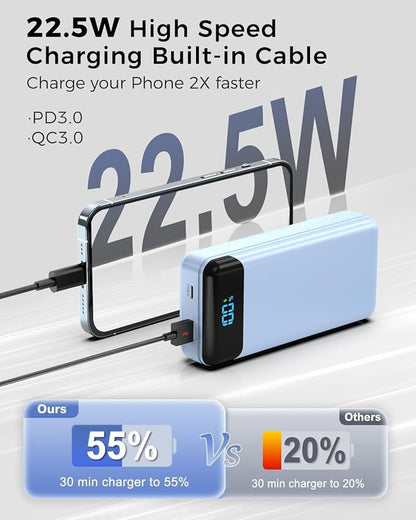 Portable Charger 40000mAh Power Bank, PD 22.5W Fast Charging | Built-in Cable, 4 Output 3 Input, Digital Display, Compatible with iPhone 17 16 15 14 13 Android