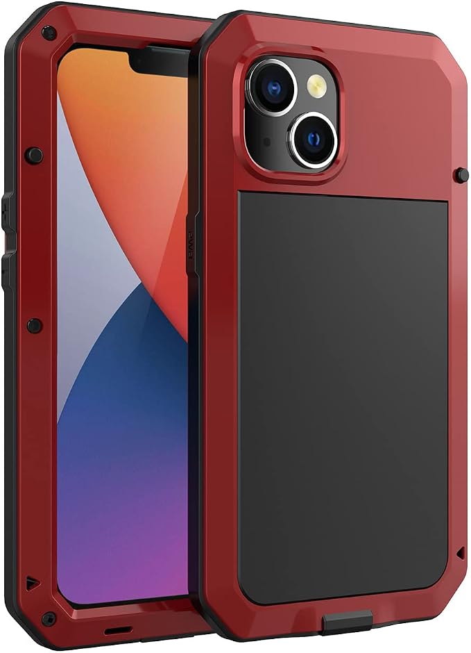 Marrkey for iPhone 14 Case, 360 Full Body Protective Cover Heavy Duty Shockproof Tough Armour Aluminum Alloy Metal Case with Silicone Built-in Screen Protector for Apple iPhone 14 6.1 Inch - Red