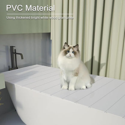 Bathtub Tray, Foldable Anti-dust Bathtub Cover Bath Insulation Cover, PVC Shutter Bath Lid Fit Most Tubs, Can Store Wine Glass, Books, Tablets, Cellphones (White, 150×70×0.6CM)
