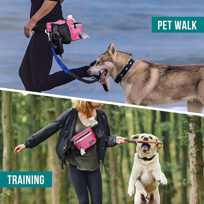 PetAmi Dog Fanny Pack, Treat Pouch for Dog Walking, Training, Built in Poop Bag Dispenser, Water Bottle Holder, Collapsible Bowl, Pet Treat Waist Belt for Hiking, Running, Kibbles (Pink)
