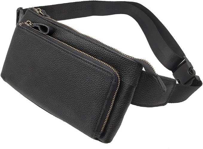 Hebetag Leather Waist Pack Fanny Bag for Men Women Outdoor Travel Sports Running Walking Hiking Hip Bum Belt Slim Cell Phone Purse Casual Waist Wallet Pouch (#02Black)
