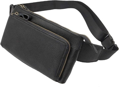 Hebetag Leather Waist Pack Fanny Bag for Men Women Outdoor Travel Sports Running Walking Hiking Hip Bum Belt Slim Cell Phone Purse Casual Waist Wallet Pouch (#02Black)