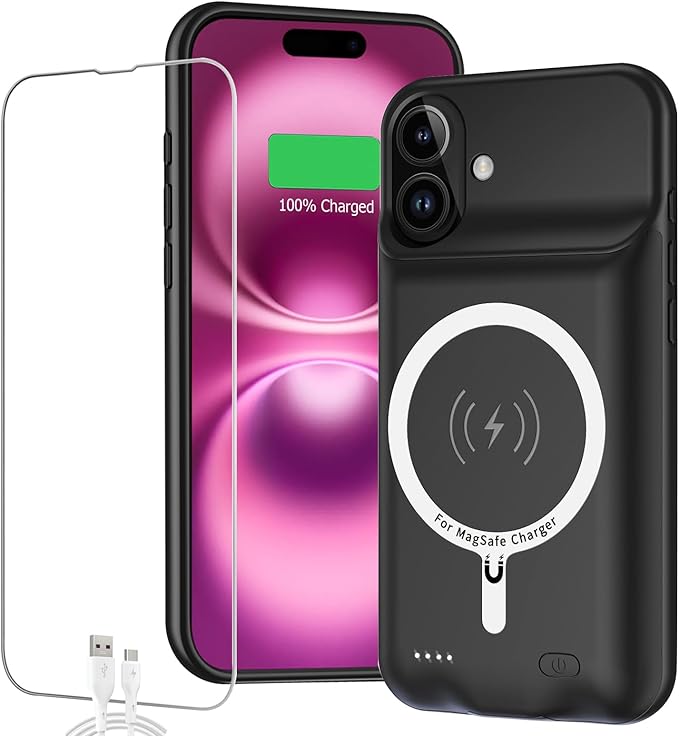 Battery Case for iPhone 16,Full Encircle 10000mAh High Capacity Rechargeable Portable Charger Case Extended Battery Pack Compatible with iPhone 16 (6.1 inch) Wireless Charging Cover with Carplay-Black