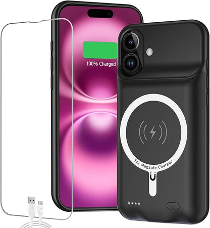 Battery Case for iPhone 16,Full Encircle 10000mAh High Capacity Rechargeable Portable Charger Case Extended Battery Pack Compatible with iPhone 16 (6.1 inch) Wireless Charging Cover with Carplay-Black