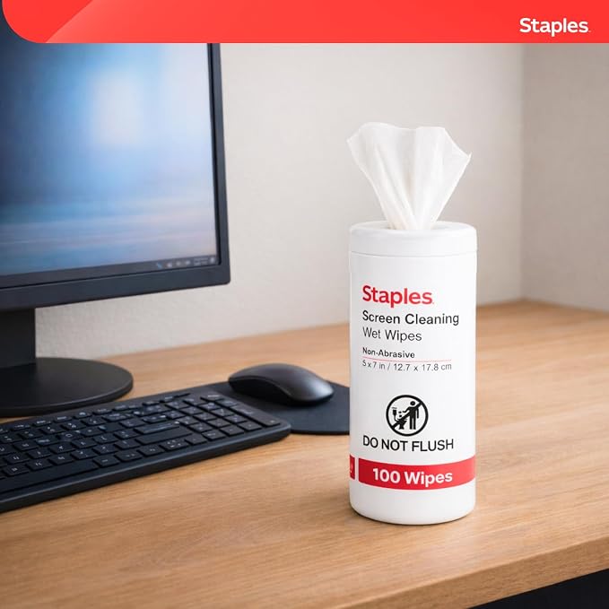 Staples Screen Cleaning Wipes – 100‑Count Tub for Monitors, Laptops, Phones & Electronics