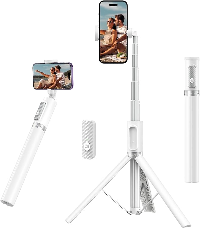 ATUMTEK 55" Selfie Stick Tripod, All-in-one Extendable Aluminum Travel Tripod with Rechargeable Bluetooth Remote, Phone Selfie Stick 360° Rotatable for iPhone 17 Pro Max 16/15/14/13 Smartphones, White