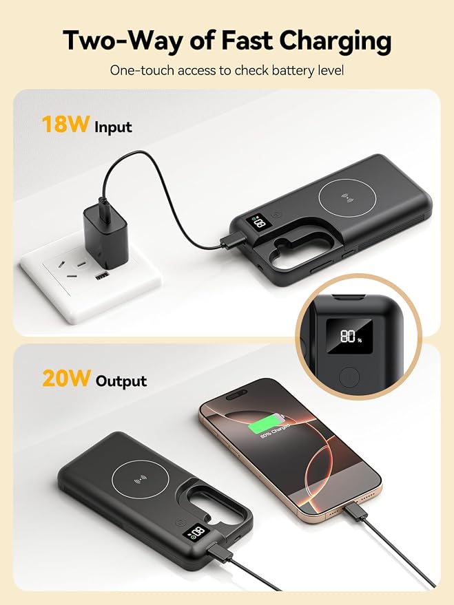 Mavulo Battery Case for Samsung Galaxy S24 6.2", 8000mAh Portable Charger with LED Display, Qi Wireless Charging, 20W USB-C Fast Charging, Sync Data & Wired Audio Supported – Black